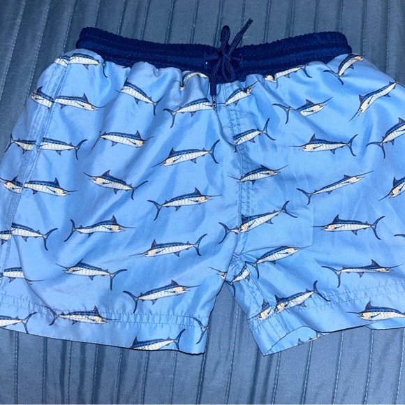 Blue Fish Print Swim Shorts - Picture 1 of 4